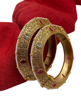 Gold Plated Antique Ruby And Kundan Bangles Set By Gehna Shop Antique Golden Bangles